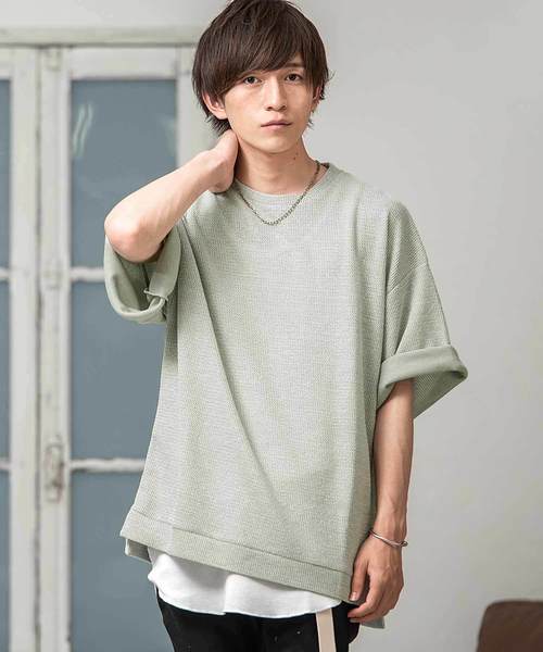 MinoriTY(マイノリティ)の「ビッグシルエット Tシャツ ワッフル素材 5分袖オーバーサイズT(Tシャツ/カットソー・メンズ・ホワイト/ホワイト×イエロー/ミント/グレー系その他/ピンク/ブルー/ブラック系その他2/ホワイト系その他/ブラック×レッド/グレー/ワイン/パープル/ブラック/ライトグリーン/テラコッタ/ブラック系その他/ホワイト系その他2・M/L)」の13枚目の写真