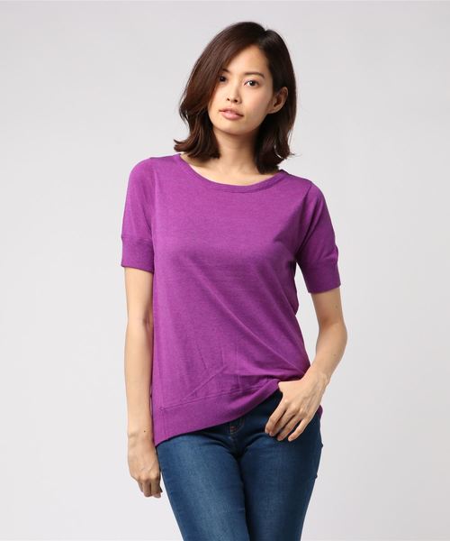 three dots(スリードッツ)の「THREE DOTS コットンメランジニット ボートネックトップ(ニット/セーター・レディース・ピンク系その他/ネイビー・M)」の2枚目の写真