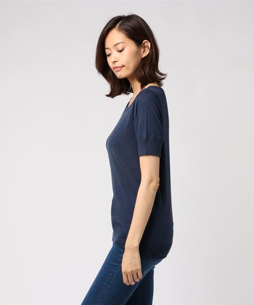 three dots(スリードッツ)の「THREE DOTS コットンメランジニット ボートネックトップ(ニット/セーター・レディース・ピンク系その他/ネイビー・M)」の3枚目の写真