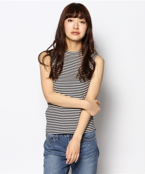 ELFORBR(エルフォーブル)の「リブボーダーハイネックノースリーブトップス(Tシャツ/カットソー・レディース・ブラック/ネイビー・MEDIUM)」の2枚目の写真