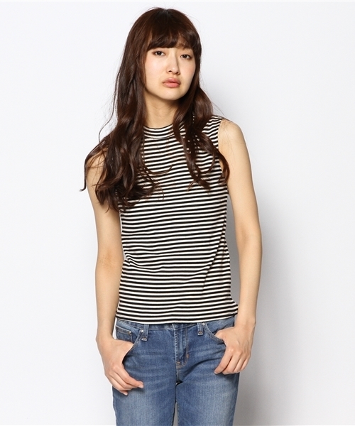 ELFORBR(エルフォーブル)の「リブボーダーハイネックノースリーブトップス(Tシャツ/カットソー・レディース・ブラック/ネイビー・MEDIUM)」の1枚目の写真