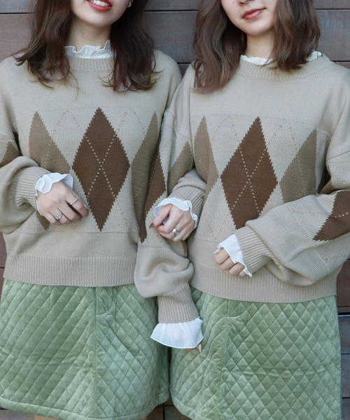 PairPair（ペアペア）の「袖ボリュームアーガイルニットプルオーバー（ニット/セーター・レディース・アイボリー/ベージュ/ライトベージュ・FREE）」の3枚目の写真