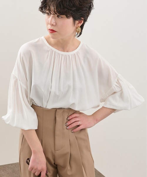Ambre Neige（アンブルネージュ）の「ソデボリュームブラウス／シアーブラウス／【WEB/EC限定商品】（シャツ/ブラウス・レディース・ダークブラウン/オフホワイト・FREE）」の4枚目の写真