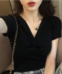 yuue' ( wear ) | Vネックフロントデザイン半袖ニットトップス(ニット/セーター)