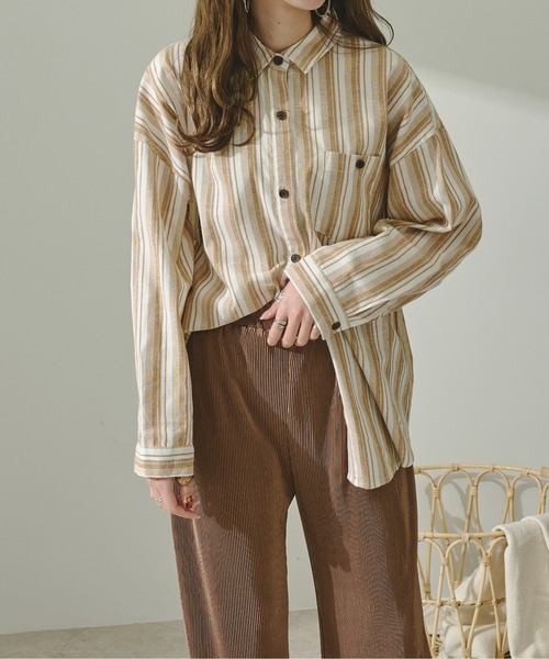 Ambre Neige（アンブルネージュ）の「ストライプシャツ／【WEB/EC限定商品】（シャツ/ブラウス・レディース・ベージュ/ブラウン/オレンジ・FREE）」の3枚目の写真