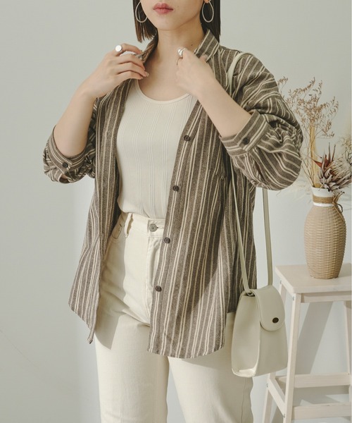 Ambre Neige（アンブルネージュ）の「ストライプシャツ／【WEB/EC限定商品】（シャツ/ブラウス・レディース・ベージュ/ブラウン/オレンジ・FREE）」の4枚目の写真