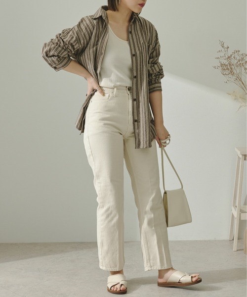 Ambre Neige（アンブルネージュ）の「ストライプシャツ／【WEB/EC限定商品】（シャツ/ブラウス・レディース・ベージュ/ブラウン/オレンジ・FREE）」の5枚目の写真