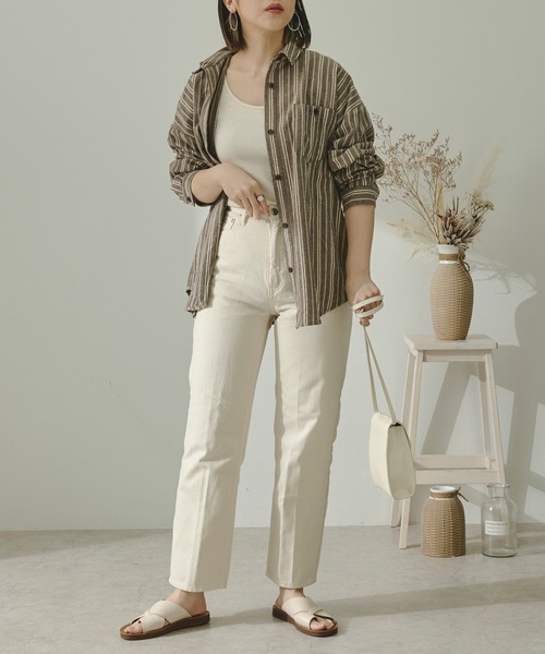 Ambre Neige（アンブルネージュ）の「ストライプシャツ／【WEB/EC限定商品】（シャツ/ブラウス・レディース・ベージュ/ブラウン/オレンジ・FREE）」の6枚目の写真