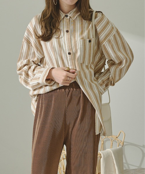 Ambre Neige（アンブルネージュ）の「ストライプシャツ／【WEB/EC限定商品】（シャツ/ブラウス・レディース・ベージュ/ブラウン/オレンジ・FREE）」の9枚目の写真