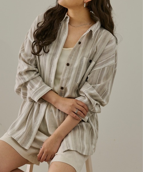 Ambre Neige（アンブルネージュ）の「ストライプシャツ／【WEB/EC限定商品】（シャツ/ブラウス・レディース・ベージュ/ブラウン/オレンジ・FREE）」の22枚目の写真