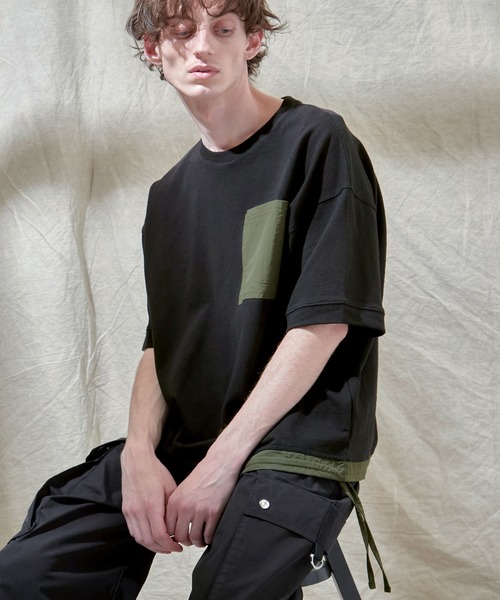 EMMA CLOTHES(エマクローズ)の「ヘビーウェイト10/-天竺 オーバーサイズ ナイロンポケット×スソデザイン SSカットソー(Tシャツ/カットソー・メンズ・ホワイト/ブラック/オレンジ・L/M)」の3枚目の写真