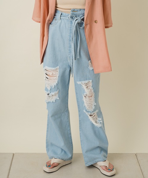 kastane レースデニムパンツ　ライトブルー ダメージデニム 低身長サイズ/2サイズ展開/ウエスト調節可】レースデニムパンツ