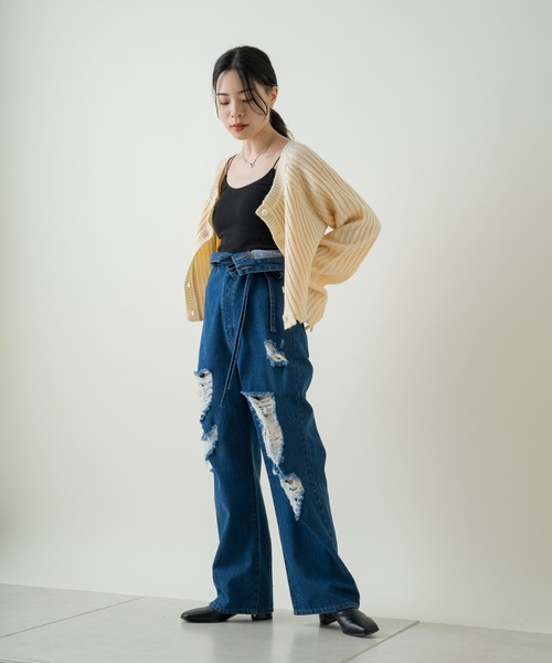 Kastane(カスタネ)の「ハイウエストダメージデニムパンツ(デニムパンツ・レディース・サックスブルー/ブルー・2/1)」の5枚目の写真