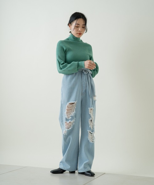 Kastane(カスタネ)の「ハイウエストダメージデニムパンツ(デニムパンツ・レディース・サックスブルー/ブルー・2/1)」の10枚目の写真