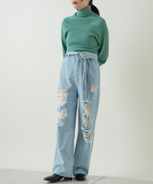 Kastane(カスタネ)の「ハイウエストダメージデニムパンツ(デニムパンツ・レディース・サックスブルー/ブルー・2/1)」の8枚目の写真