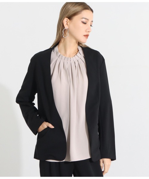 Settimissimo（セッティミッシモ）の「カットジョーゼットノーカラージャケット（ノーカラーコート・レディース・ブラック/モカ・M）」の2枚目の写真