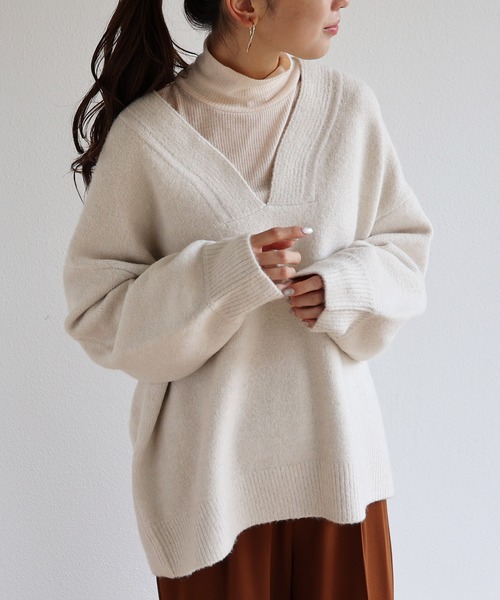 andme（アンドミー）の「天竺編み長袖オーバーサイズVネックニットトップス（ニット/セーター・レディース・チャコールグレー/ベージュ/グリーン/オートミール・M）」の3枚目の写真