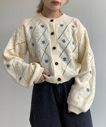 w closet | 【新色追加】5Gポプコン編み+花刺繍カーディガン(カーディガン/ボレロ)