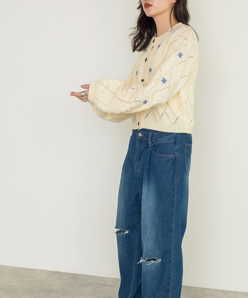 w closet(ダブルクローゼット)の「【新色追加】5Gポプコン編み+花刺繍カーディガン(カーディガン/ボレロ・レディース・オフホワイト/ブルー/オレンジ/ブラック・FREE)」の10枚目の写真