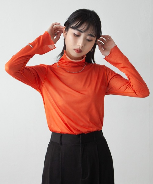 Chillfar（チルファー）の「シアーハイネックトップス（Tシャツ/カットソー・レディース・ブラック/パープル/ブラウン/オレンジ/ブルー/グリーン/ライトグリーン/アイボリー/ブラウン系/ライトグリーン系/ブルー系/パープル系・FREE）」の22枚目の写真