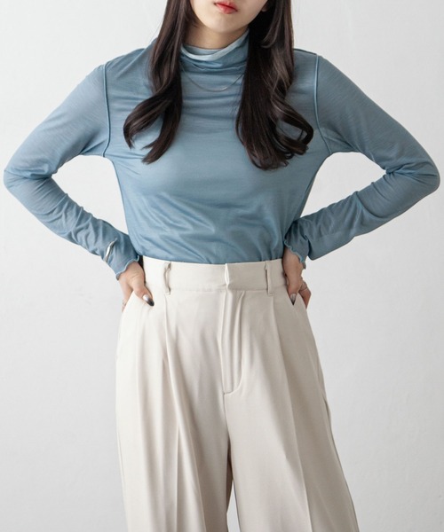 Chillfar（チルファー）の「シアーハイネックトップス（Tシャツ/カットソー・レディース・ブラック/パープル/ブラウン/オレンジ/ブルー/グリーン/ライトグリーン/アイボリー/ブラウン系/ライトグリーン系/ブルー系/パープル系・FREE）」の13枚目の写真