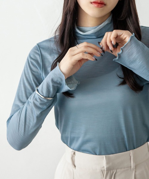 Chillfar（チルファー）の「シアーハイネックトップス（Tシャツ/カットソー・レディース・ブラック/パープル/ブラウン/オレンジ/ブルー/グリーン/ライトグリーン/アイボリー/ブラウン系/ライトグリーン系/ブルー系/パープル系・FREE）」の17枚目の写真