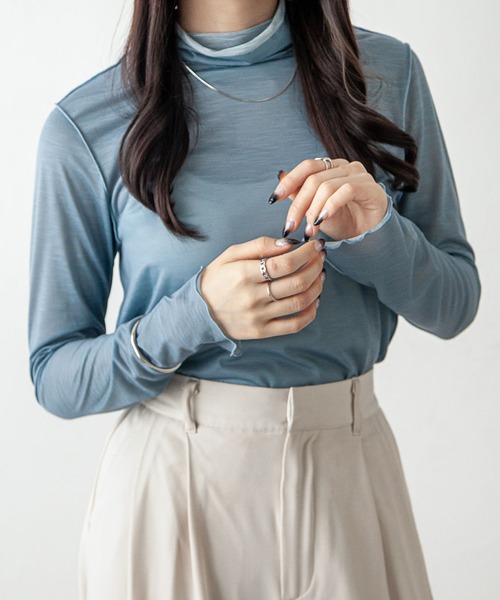 Chillfar（チルファー）の「シアーハイネックトップス（Tシャツ/カットソー・レディース・ブラック/パープル/ブラウン/オレンジ/ブルー/グリーン/ライトグリーン/アイボリー/ブラウン系/ライトグリーン系/ブルー系/パープル系・FREE）」の18枚目の写真