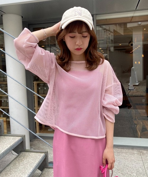 one after another NICE CLAUP（ワンアフターアナザーナイスクラップ）の「前後2WAYメッシュトップス（Tシャツ/カットソー・レディース・ピンク/アイボリー/モカ・FREE）」の7枚目の写真