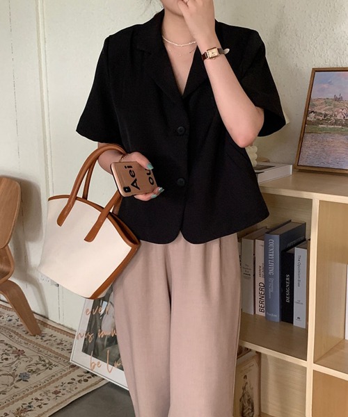 me+em select（ミームセレクト）の「【 ６色展開 】半袖テーラードサマージャケット（テーラードジャケット・レディース・グリーン/ベージュ/ブラウン/ブラック/キャメル/ダークパープル・FREE）」の13枚目の写真