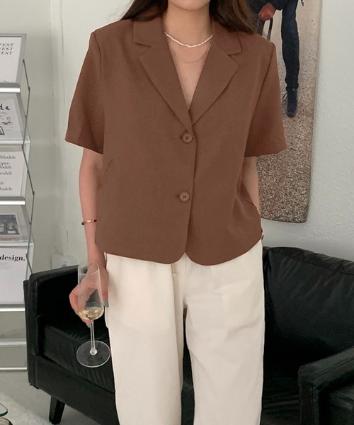 me+em select（ミームセレクト）の「【 ６色展開 】半袖テーラードサマージャケット（テーラードジャケット・レディース・グリーン/ベージュ/ブラウン/ブラック/キャメル/ダークパープル・FREE）」の20枚目の写真