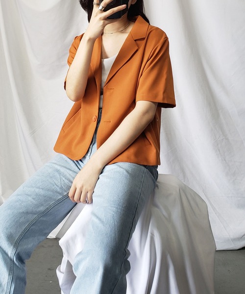 me+em select（ミームセレクト）の「【 ６色展開 】半袖テーラードサマージャケット（テーラードジャケット・レディース・グリーン/ベージュ/ブラウン/ブラック/キャメル/ダークパープル・FREE）」の16枚目の写真