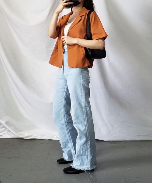 me+em select（ミームセレクト）の「【 ６色展開 】半袖テーラードサマージャケット（テーラードジャケット・レディース・グリーン/ベージュ/ブラウン/ブラック/キャメル/ダークパープル・FREE）」の11枚目の写真