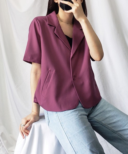 me+em select（ミームセレクト）の「【 ６色展開 】半袖テーラードサマージャケット（テーラードジャケット・レディース・グリーン/ベージュ/ブラウン/ブラック/キャメル/ダークパープル・FREE）」の10枚目の写真