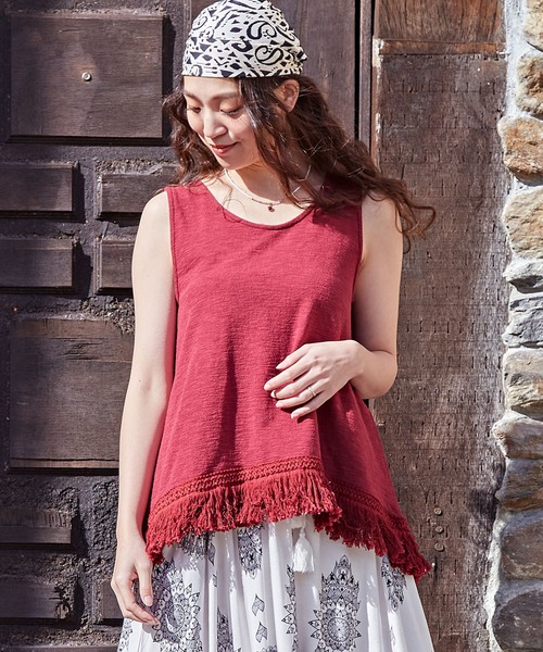 チャイハネ（チャイハネ）の「【チャイハネ】ボヘロフリンジタンクトップ（タンクトップ・レディース・ホワイト/ブラック/オレンジ/ミント/パープル/ダークオレンジ/レッド/カーキ/マスタード/ライトカーキ/ライトブルー・FREE）」の9枚目の写真