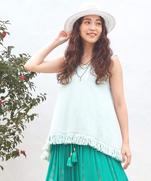 チャイハネ（チャイハネ）の「【チャイハネ】ボヘロフリンジタンクトップ（タンクトップ・レディース・ホワイト/ブラック/オレンジ/ミント/パープル/ダークオレンジ/レッド/カーキ/マスタード/ライトカーキ/ライトブルー・FREE）」の4枚目の写真