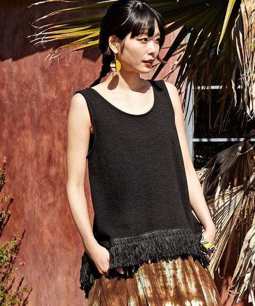 チャイハネ（チャイハネ）の「【チャイハネ】ボヘロフリンジタンクトップ（タンクトップ・レディース・ホワイト/ブラック/オレンジ/ミント/パープル/ダークオレンジ/レッド/カーキ/マスタード/ライトカーキ/ライトブルー・FREE）」の2枚目の写真