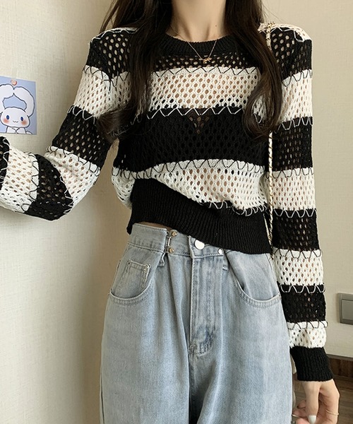 Primazel(プリマゼル)の「透かし編み長袖ボーダーニットトップス(ニット/セーター・レディース・グレー系その他/ベージュ系その他・M)」の6枚目の写真