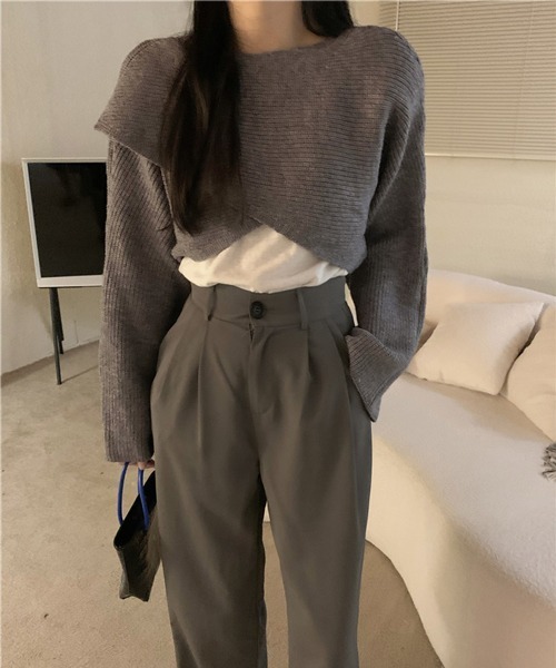 HALEY PESCA（ヘーリーペスカ）の「HALEY PESCA/ショート丈 カシュクールニット トップス（ニット/セーター・レディース・アイボリー/ブラック/グレー・FREE）」の13枚目の写真