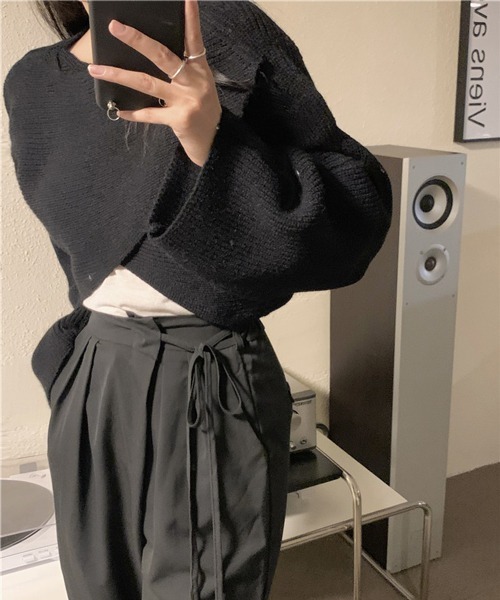 HALEY PESCA（ヘーリーペスカ）の「HALEY PESCA/ショート丈 カシュクールニット トップス（ニット/セーター・レディース・アイボリー/ブラック/グレー・FREE）」の4枚目の写真