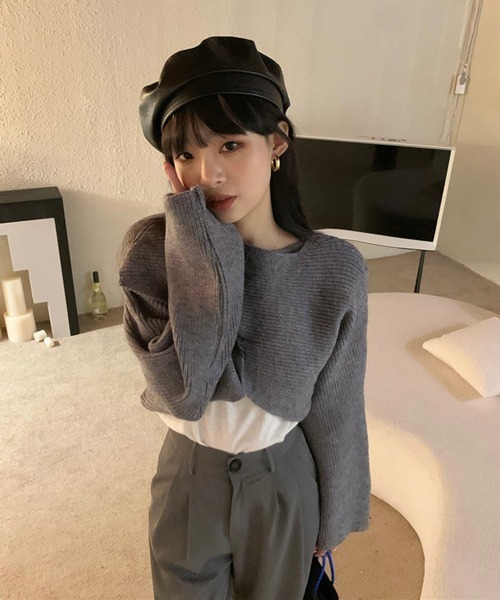 HALEY PESCA（ヘーリーペスカ）の「HALEY PESCA/ショート丈 カシュクールニット トップス（ニット/セーター・レディース・アイボリー/ブラック/グレー・FREE）」の14枚目の写真