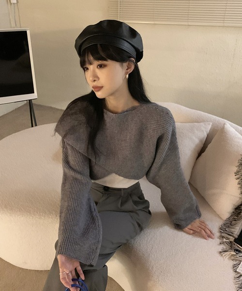 HALEY PESCA（ヘーリーペスカ）の「HALEY PESCA/ショート丈 カシュクールニット トップス（ニット/セーター・レディース・アイボリー/ブラック/グレー・FREE）」の11枚目の写真