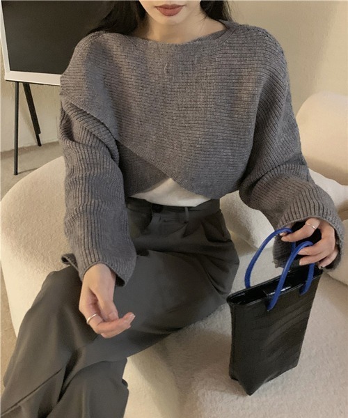 HALEY PESCA（ヘーリーペスカ）の「HALEY PESCA/ショート丈 カシュクールニット トップス（ニット/セーター・レディース・アイボリー/ブラック/グレー・FREE）」の6枚目の写真