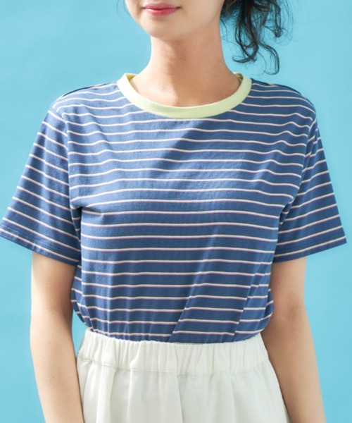 MERLOT(メルロー)の「カラフルボーダーTシャツ(Tシャツ/カットソー・レディース・ネイビー/モカ/オレンジ・FREE)」の4枚目の写真