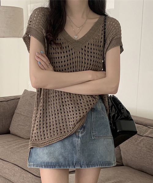 SEN TOKYO（セントーキョー）の「アクセサリー感覚でスタイリングにプラス！Vネックニットメッシュベスト（ベスト・レディース・ホワイト/ブラウン/アイボリー/ブラック・FREE）」の7枚目の写真