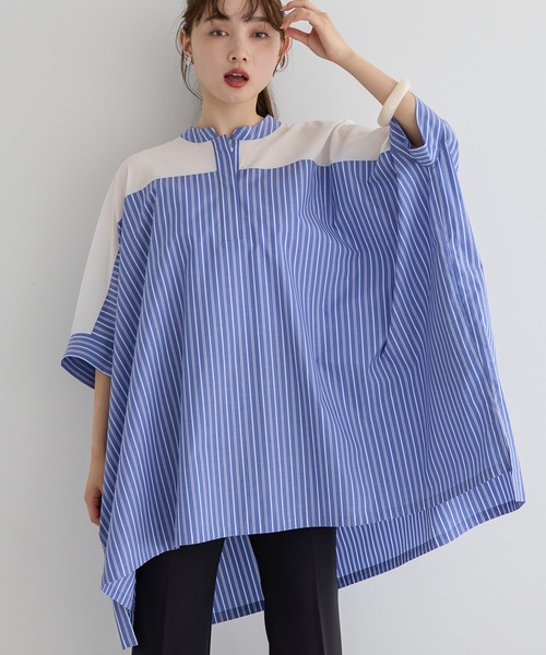 AMERICAN HOLIC（アメリカンホリック）の「ショルダーシアーポンチョシャツチュニック（チュニック・レディース・サックスブルー/オフホワイト/ネイビー・M/L）」の3枚目の写真