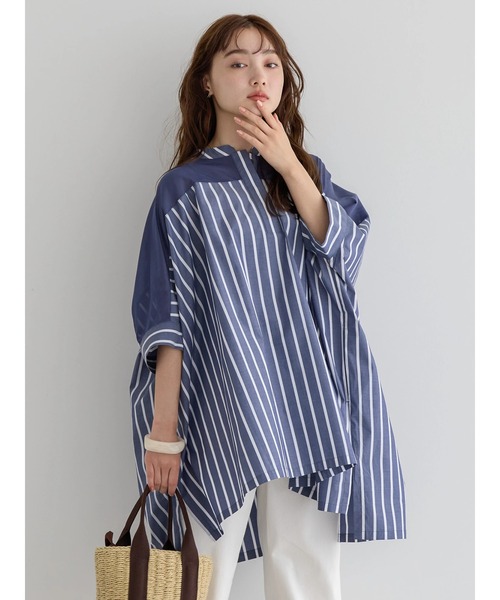 AMERICAN HOLIC（アメリカンホリック）の「ショルダーシアーポンチョシャツチュニック（チュニック・レディース・サックスブルー/オフホワイト/ネイビー・M/L）」の4枚目の写真