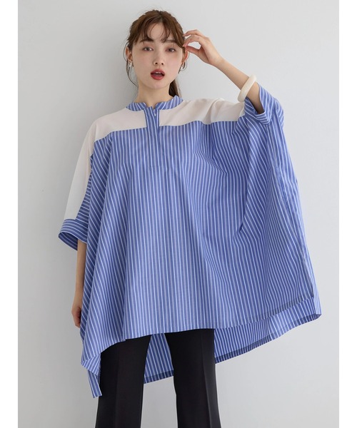 AMERICAN HOLIC（アメリカンホリック）の「ショルダーシアーポンチョシャツチュニック（チュニック・レディース・サックスブルー/オフホワイト/ネイビー・M/L）」の12枚目の写真