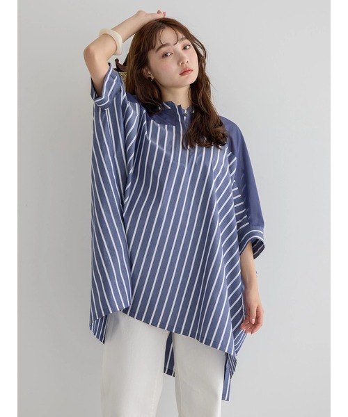 AMERICAN HOLIC（アメリカンホリック）の「ショルダーシアーポンチョシャツチュニック（チュニック・レディース・サックスブルー/オフホワイト/ネイビー・M/L）」の11枚目の写真