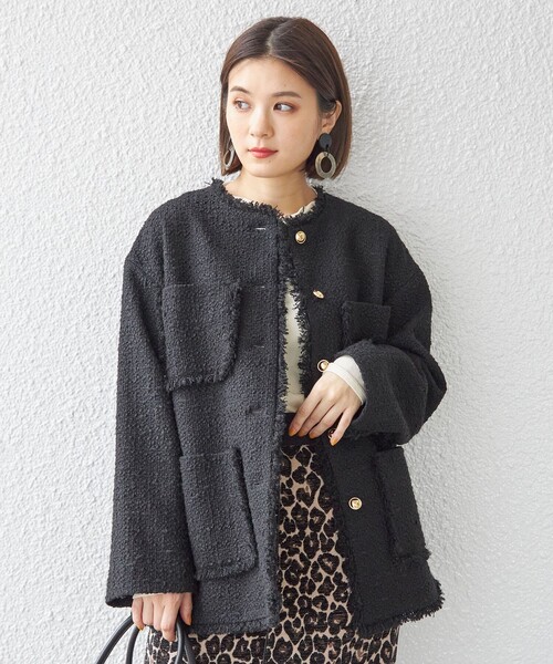 今期　新品　Aga GIOLICAツイードジャケット バイカラー　アウター 滝沢眞規子さん着用】GIOLICA ボタン ツイード ジャケット / 23