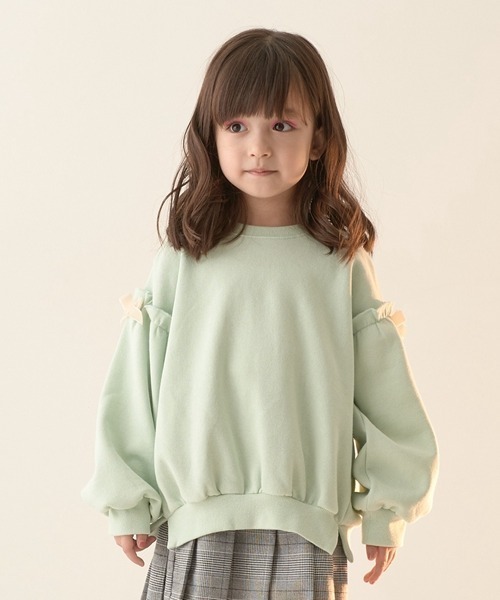 Lycee mine（リセマイン）の「【表コットン毛玉バイバイ裏起毛】アソートリボン付きガーリートップス（スウェット・キッズ・レッド系その他/グレイッシュベージュ/ベージュ/ピンク/ラベンダー/ミント/ブルーグレー/ブラック・120cm/110cm/140cm/150cm/100cm/130cm）」の5枚目の写真